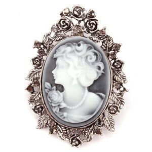 Vintage Style Victorian Lady Cameo Brooch Silver Tone Floral Rose Border Gray